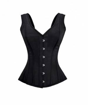 Black Satin Shoulder Strap Gothic Bustier Waist Training Overbust Corset Costume