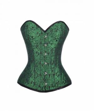 Green Brocade Busk Opening Double Bone Gothic Bustier Waist Training Overbust Corset Costume