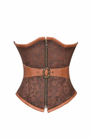 Women's Brown Brocade & Leather Belt Gothic Waist Cincher Underbust Corset