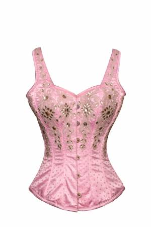 Pink Satin Silver Sequins Shoulder Straps Gothic Bustier Waist Training Overbust Corset Costume