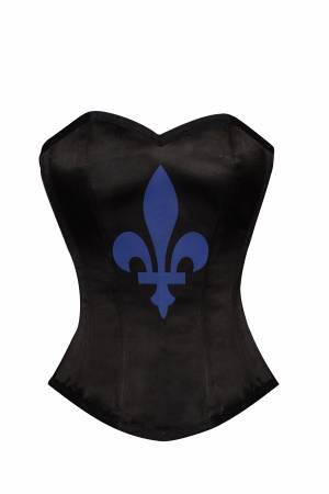 Women's Black Satin Blue flower-de-luce Print Gothic Waist Training Bustier Overbust Corset Costume