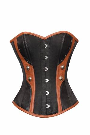 Women's Black Satin Brown Leather Gothic Bustier Waist Training Overbust Corset Costume