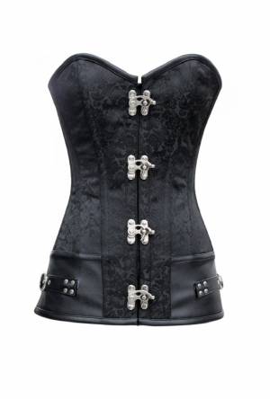 Black Brocade Gothic Bustier Waist Training LONG Overbust Corset Costume