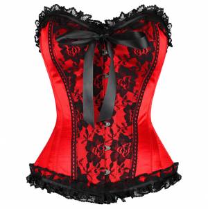 Red Satin Black Frill N Net Gothic Bustier Waist Training Steampunk Overbust Corset Costume
